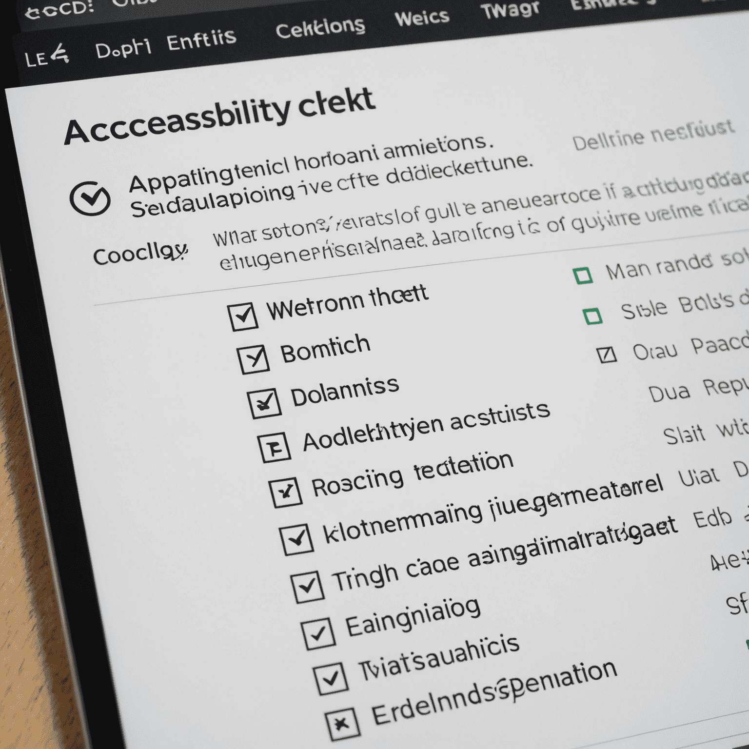 Imagen que muestra una lista de verificación de accesibilidad con énfasis en la navegación por teclado, incluyendo iconos de teclado y marcas de verificación