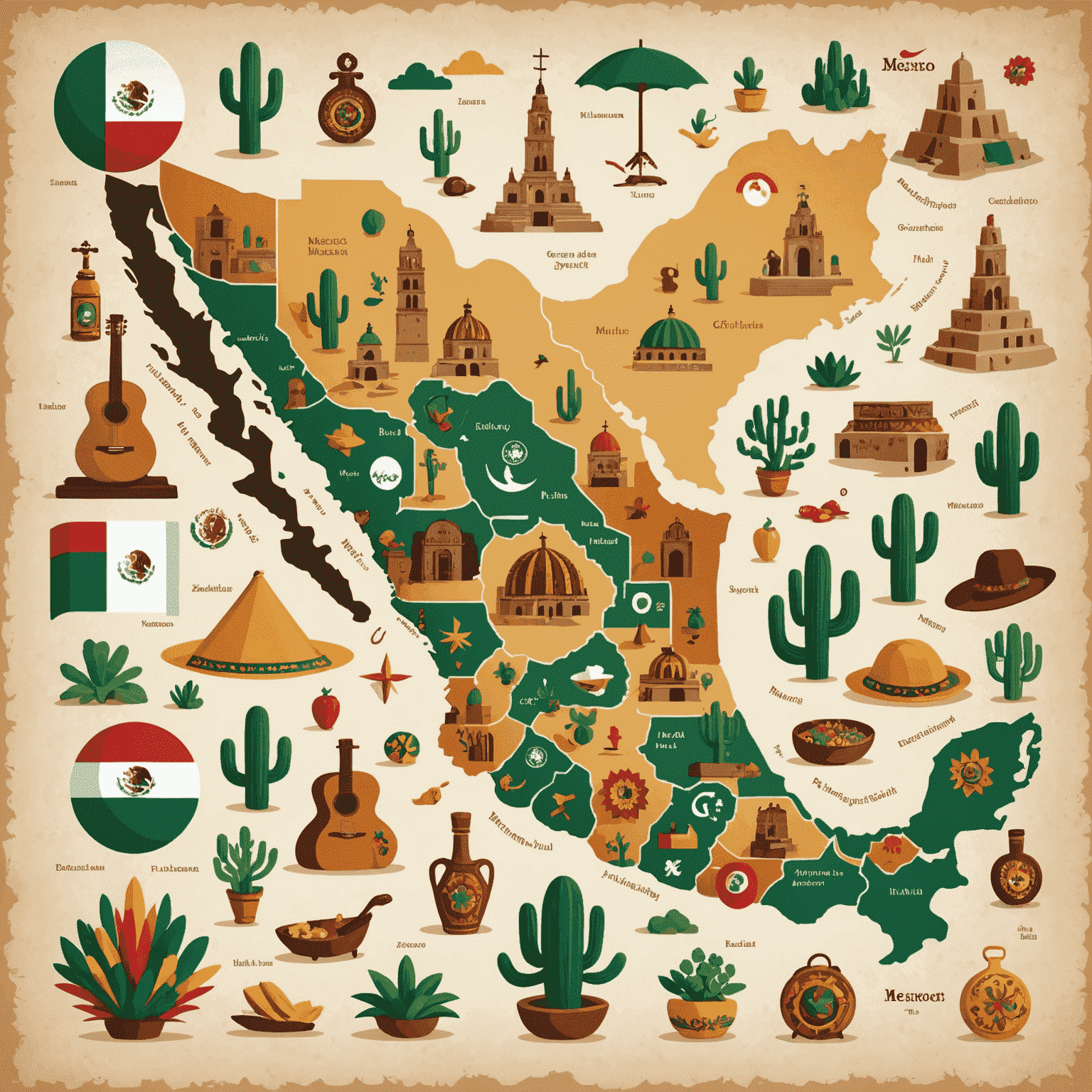 Imagen que muestra el mapa de México con iconos representando diferentes aspectos de accesibilidad web y símbolos culturales mexicanos